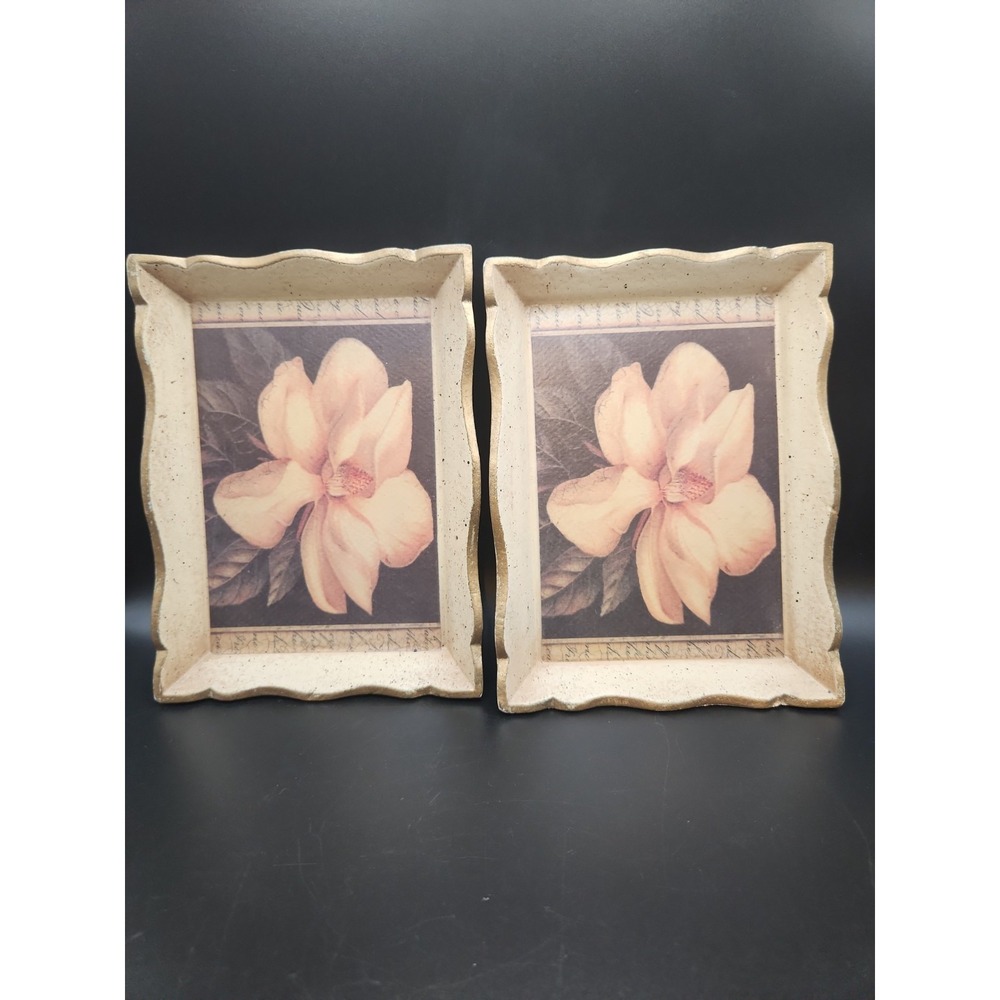 2 VTG Sezzatini Firenze Italian Florentine Gold Wood Magnolia Trinket Trays 7"
